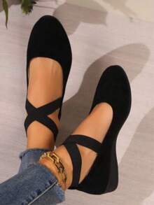 Women's Solid Color Comfy Flat Cross Elastic Band Soft Sole Walking Shoes, Wedge Heel Daily Shoes - màu đen - Xem 4