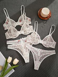 3件套女士纯色及花卉印花蝴蝶结装饰钢圈软杯舒适文胸套装 - 白色 - 查看 3