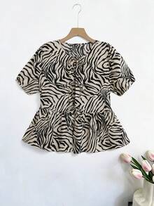 PARARAL 大码女装春夏时尚斑马纹印花前系带短袖休闲办公旅行度假女装夏季日常装 - 杏色 - 查看 9