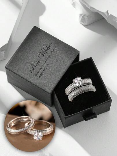 两件套优雅立方氧化锆戒指套装，女士奢华珠宝，适合婚礼、派对、宴会等场合，铜质材料，不褪色且低致敏性，是理想的礼物之选。