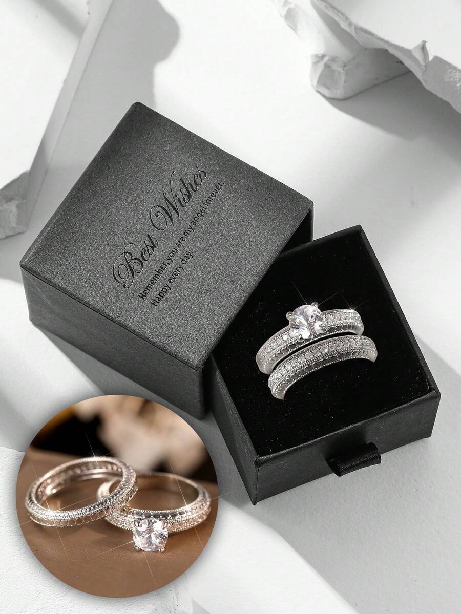 两件套优雅立方氧化锆戒指套装，女士奢华珠宝，适合婚礼、派对、宴会等场合，铜质材料，不褪色且低致敏性，是理想的礼物之选。 - 銀色 - 查看 1