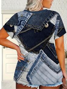 [Printed Pants - Not Denim Fabric]Plus Size - Summer Leisure Vacation Comfortable And Elegant Style With Faux Denim-Inspired 3D Printed Pattern Women'S Round Neck Plus Size Short Sleeve T-Shirt - 白色 - 查看 4