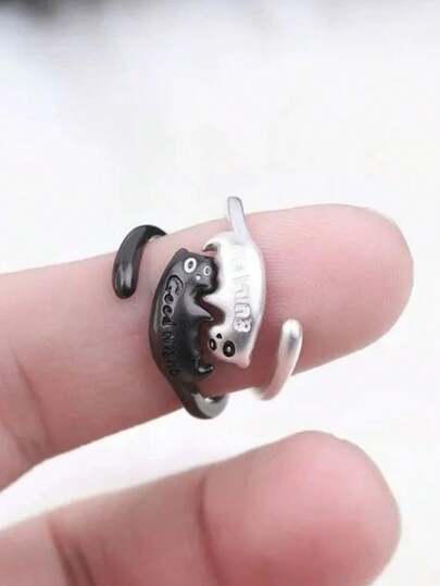 2pcs/Set Couple Cat Hugging "Good Morning" "Good Night" Letter Rings, Y2K Cute Romantic Black & Silver Copper Open Rings, Suitable For Cat Lovers And Couples, Perfect For Valentine's Day, Daily Wear And Gift
