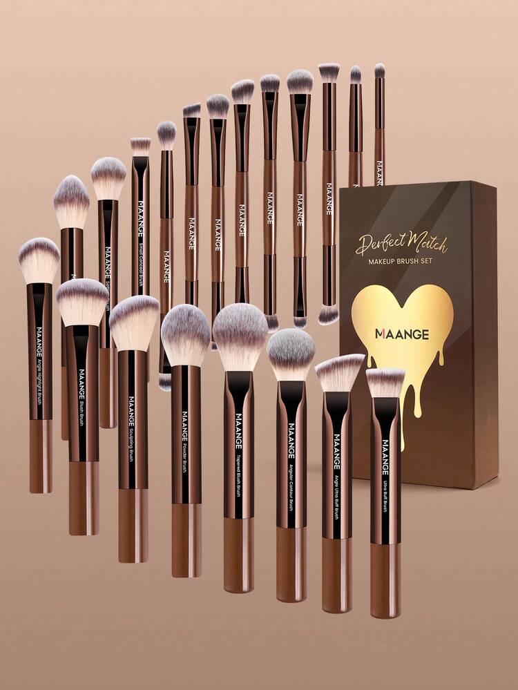 MAANGE Set de 13/14/16/17/20/22 piezas de brochas de maquillaje profesionales suaves de tubo de aluminio, que incluye brocha de base, brocha de sombra de ojos, brocha de cejas, brocha de mezcla, brocha de iluminador, brocha de corrector, adecuado para polvos, líquidos y cremas cosméticas, ideal para uso diario y viajes, gran set de accesorios de maquillaje para regalo, obsequios, brochas de maquillaje profesionales, set de maquillaje completo - Marrón - Añade 18
