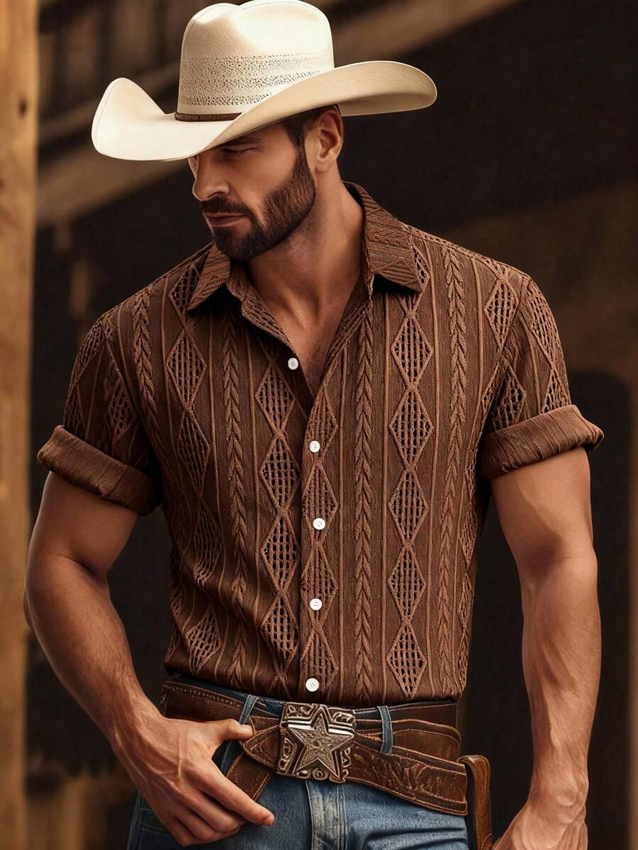 Áo sơ mi nam tay ngắn cài nút họa tiết jacquard cơ bản thường ngày - màu nâu - Xem 1