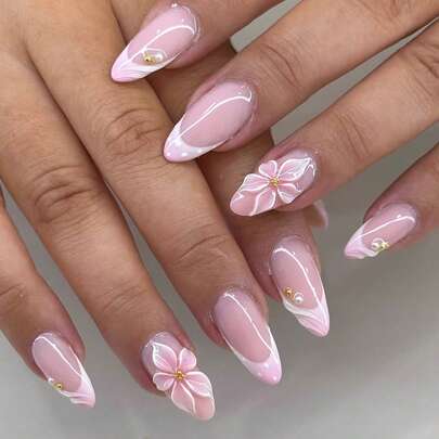10pcs French Almond Shaped Acrylic Nail Tips, Medium Size, 3D Embossed Water Wave Design, Elegant Y2K Minimalist Style, Glossy Surface, Full Coverage False Nails, Suitable For Women & Girls Daily Wear Nail Supplies