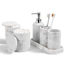 Bathroom Accories Set 6-Piece Bathroom Accory Set Toothbrush Holders Set Soap Dispenser Vanity Tray Tumbler Cotton Swab Jars Bathroom Organizer For Modern Bathrooms Marble White - 大理石白 - 查看 1