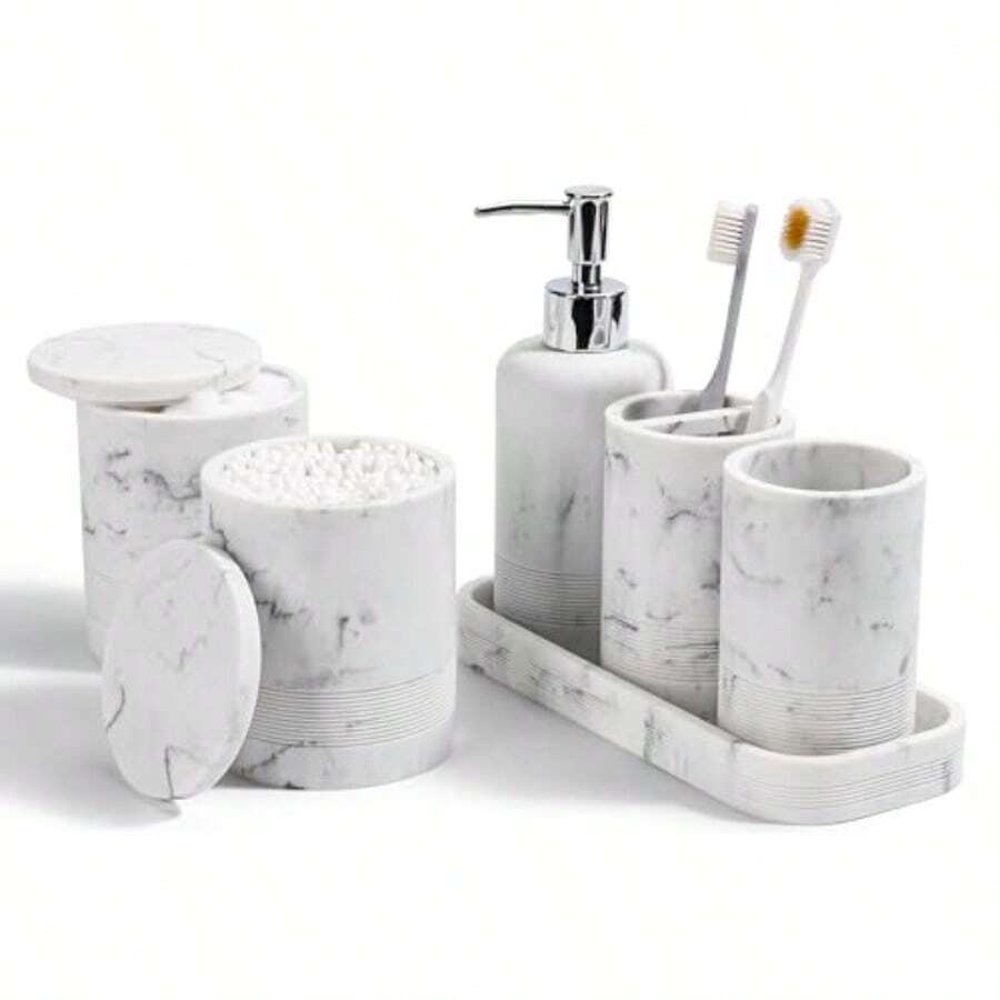 Bathroom Accories Set 6-Piece Bathroom Accory Set Toothbrush Holders Set Soap Dispenser Vanity Tray Tumbler Cotton Swab Jars Bathroom Organizer For Modern Bathrooms Marble White - 大理石白 - 查看 1