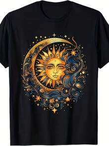 1 pieza Camiseta Bohemia Celestial Negra para Hombre - Manga Corta, Cuello Redondo, Corte Holgado, de Algodón, con Estampado de Sol, Luna, Estrellas y Rostro de Mujer (Dorado/Azul/Dorado) pa - Negro - Ver 6