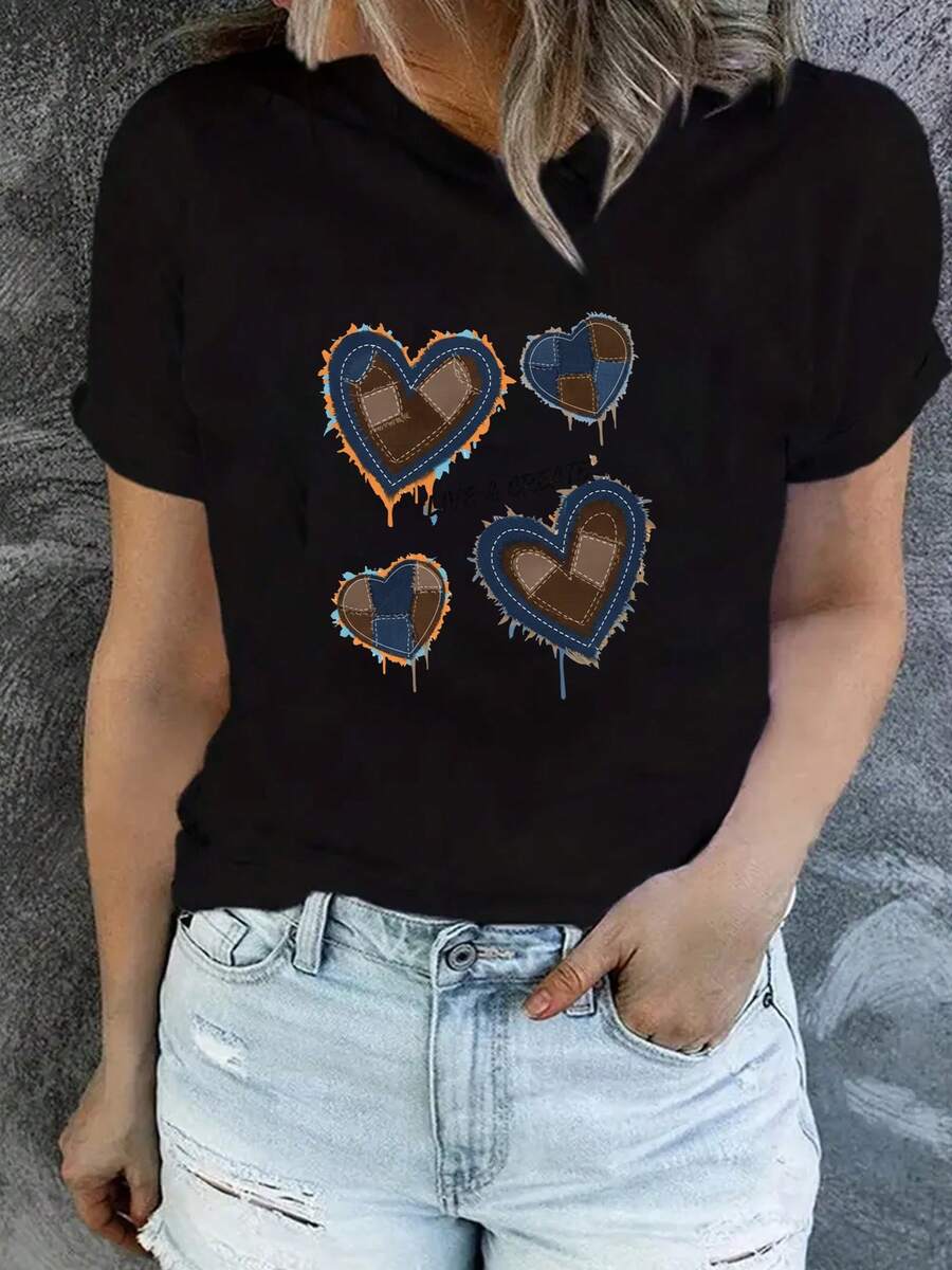 Camiseta de Manga Corta con Letras en Inglés en Forma de Corazón para Mujeres, Hecha de Tela Suave, Cómoda y Elegante, Ideal para el Día de San Valentín/Día de San Patricio/Año Nuevo, Un Regalo Perfecto para Familia/Conjugados, etc. - Negro - Ver 1