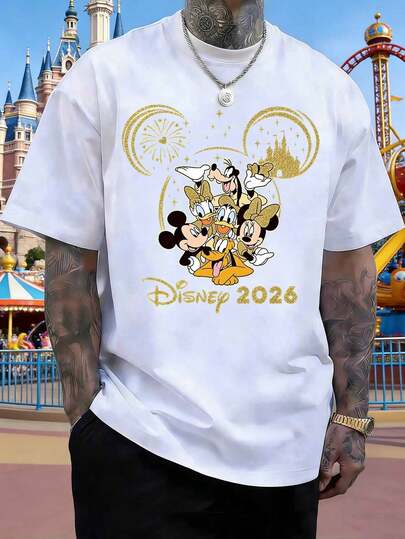 Disney Camiseta con retrato familiar de Mickey, Minnie, Goofy y Donald Duck de edición limitada 2026, camiseta informal de manga corta con cuello redondo para hombre, sudadera cómoda, suave y transpirable de algodón puro, adecuada para fiestas navideñas, viajes diarios y salidas.