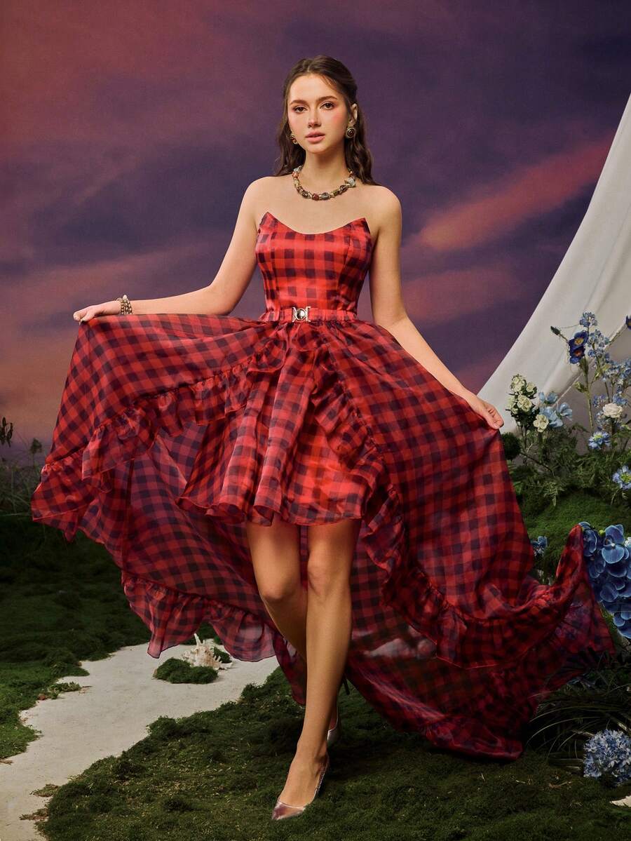 Faeriesty Women's Strapless Plaid Ruffle Asymmetric High-Low Hem Evening Gown & Mini Party Dress, Suitable For Balls, Holidays And Weddings - Red - View 1