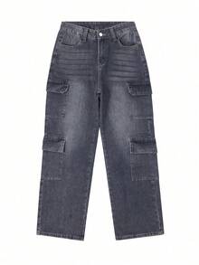 Loose Fit Cargo Jeans For Women, Multi-Pocket Flared Leg Ankle Length Pants - Dark Wash - View 5