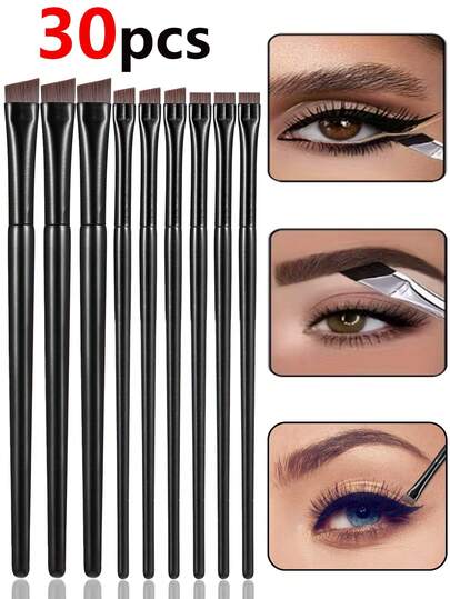 30支/12支/6支/3支/1支眼线刷、眉毛染色刷、专业眼线刷套装、斜角眼线刷、眼影刷、扁平斜角刷毛设计、易于清洁且可重复使用的眼线刷套装、符合人体工程学的手柄，适合专业化妆师和初学者使用，可用作眼影刷、眉刷和眼线刷。纤细的眼线刷非常适合填充眼部，可搭配眉粉、睫毛膏、眉胶、眉膏和眉粉使用。