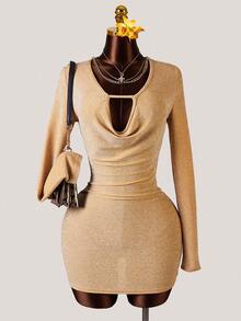 2026 Party Dress Women's Metallic Thread Yellow Plunging Neck Sexy Knit Long Sleeve Short Dress, Evening Gown, Holiday Party Celebration Dress, Christmas, Wedding Season, Spring/Summer New Arrival - Ginger - View 3