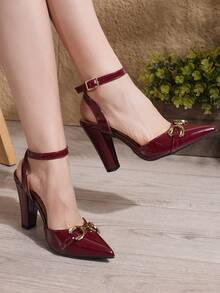 New Stylish Chunky Heel Pointed Toe Backless Sandals For Women With Buckle And Rhinestone Decor, Spring/Summer - Burgundy - View 5