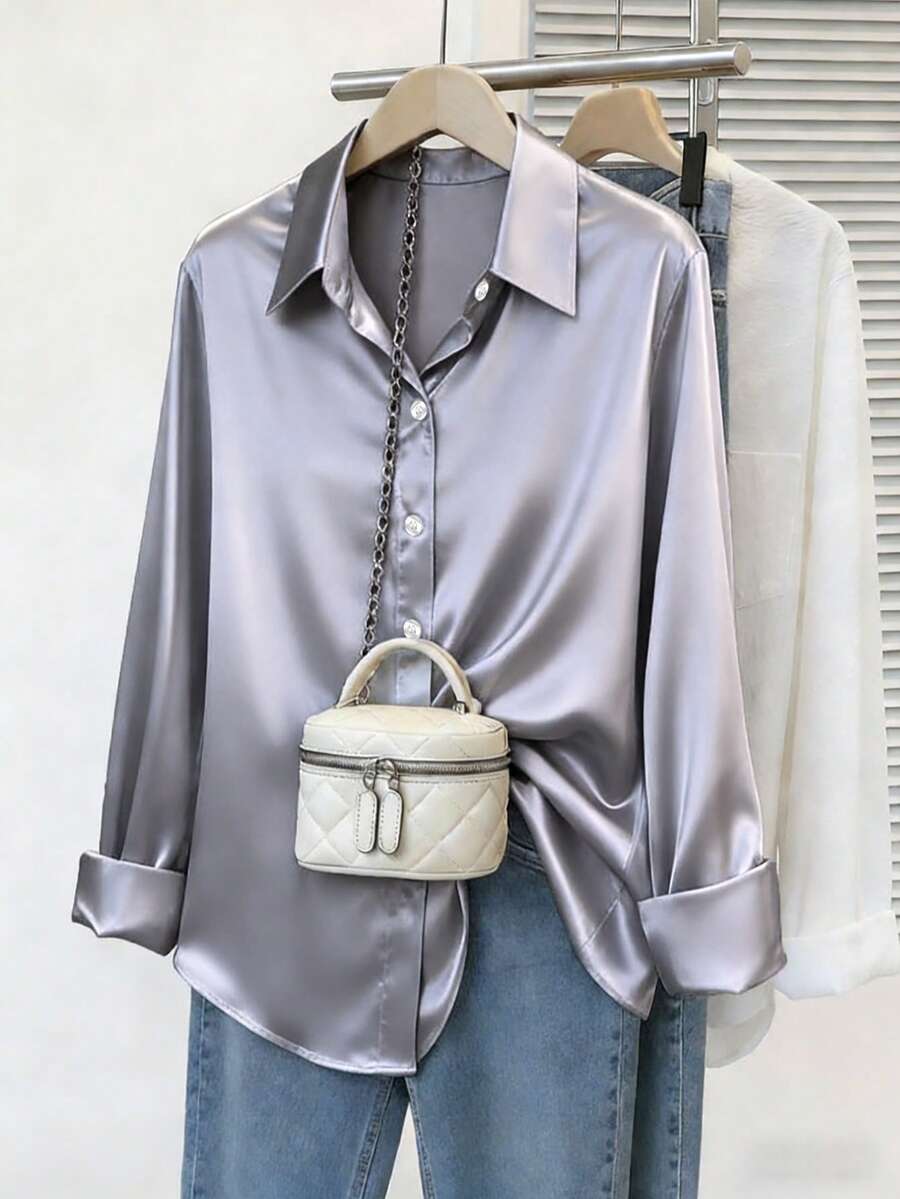 Plus Size Women's Fashion New Arrival Casual Satin Button-Up Shirt Spring - Grey - View 1