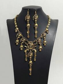 1pc Punk Retro Skull Necklace & 2pcs Earrings Halloween Party Exaggerated Jewelry Set For Women - Old Gold - View 7