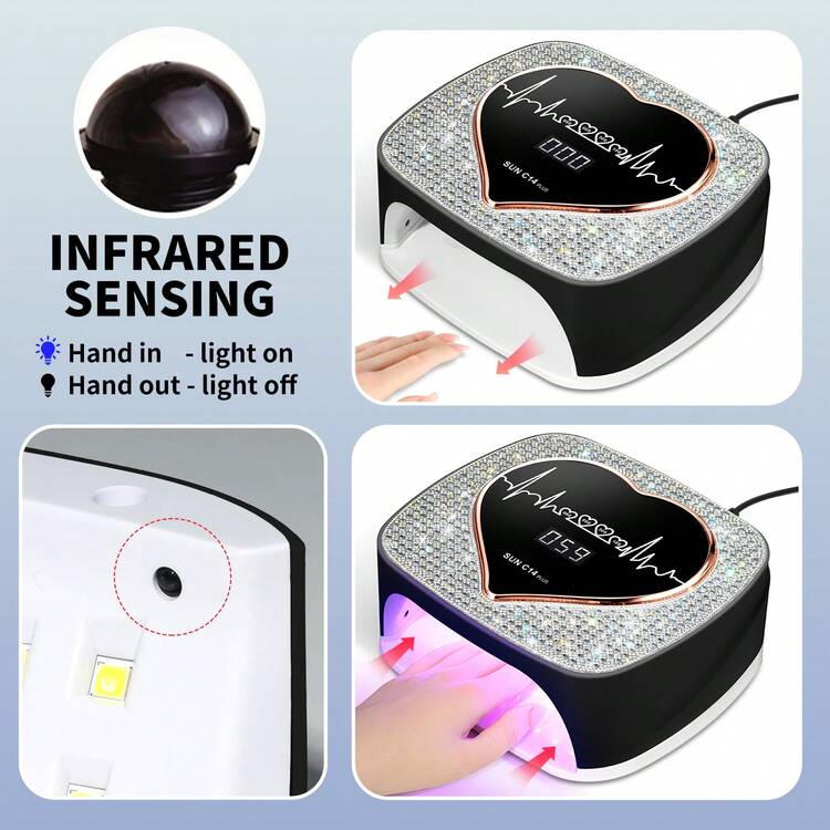 LIMEGIRL Nagellampa med 4 timers och hjärtdesign, 67 LED-pärlor (rött ljus), plug-in gellackfön - 10/30/60/99s touchkontroll härdningslampa för hemmasalong - svart - Svart - Visa 3