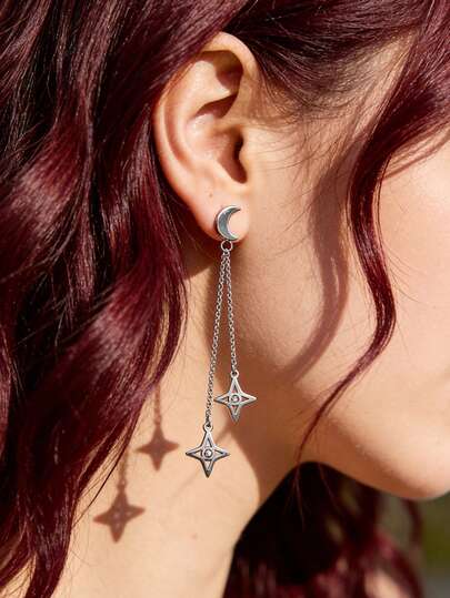 Mazuer 1 Pair Y2K Fashion Crystal Star & Moon Double Chain Fringe Dangle Earrings, Stainless Steel Jewelry For Women, Party, Date, Commute