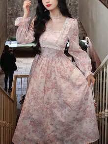 Women's Pink Floral Lace Patchwork Square Neck Long Sleeve Maxi Dress, Ruffle Hem, Detachable Bow, High Waist Slim Dress, Elegant Dress For Dating, Party, Vacation, Easter Outfit, Women's Summer Clothes - Hồng - Xem 3