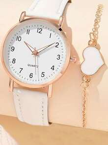 2 件套百搭时尚青少年简约数字石英表和心形手链套装，适合毕业季，青少年礼物