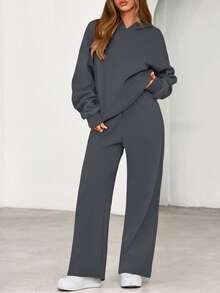 Womens Sweatsuits 2 Piece Set Casual Winter Long Sleeve Hoodie Loose Wide Leg Sweatpants Fall Tracksuit Spring Fall Clothes For Women Valentine Vacation Outfits Women - 深灰色 - 查看 5