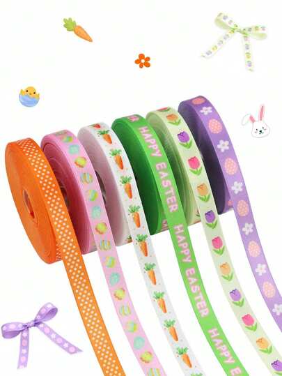 3 Rolls Easter Ribbons, 5 Yards Per Roll, Rabbit, Carrot, Flower Pattern Woven Ribbons, Colorful Spring Ribbons With Floral, Egg, Carrot, Polka Dot, Striped Patterns, Suitable For Gift Wrapping, Easter Egg Hunting, Spring Easter DIY Decoration, Party Supplies, Easter Basket Decor