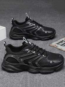 男士休闲通勤舒适厚底休闲鞋，适合多种场合，时尚简约小众设计，透气低帮运动鞋，适合青少年运动跑步 - 黑色 - 查看 5