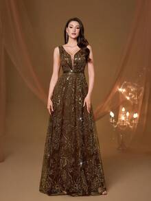Mgiacy, Nuevo Lanzamiento, Tejido Marrón, Liso, con Lentejuelas, Vestido de Noche, PARA Fiesta de Graduación, Salón de Baile, Atuendos de Verano para Mujeres, Festival, Boda Floral - Marrón - Ver 1