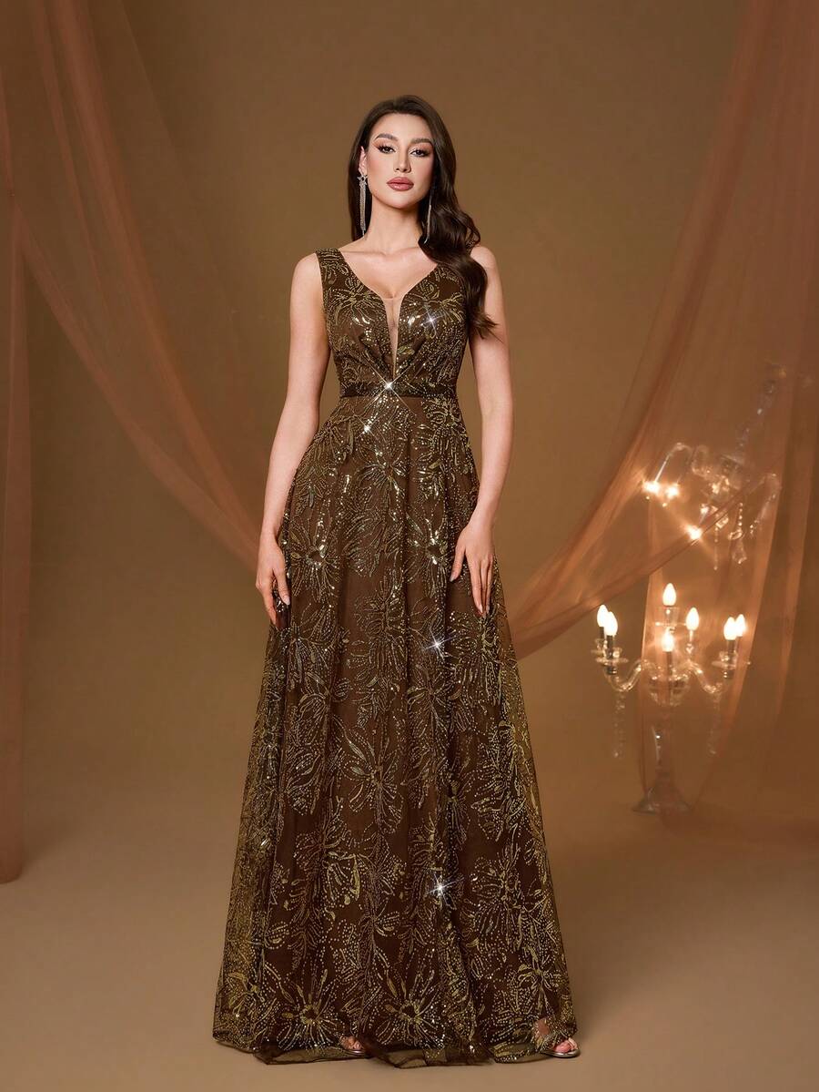 Mgiacy, Nuevo Lanzamiento, Tejido Marrón, Liso, con Lentejuelas, Vestido de Noche, PARA Fiesta de Graduación, Salón de Baile, Atuendos de Verano para Mujeres, Festival, Boda Floral - Marrón - Ver 1
