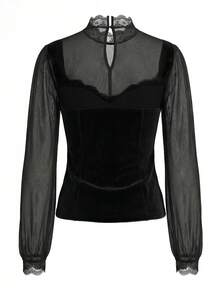 Women's Classic Elegant Mesh, Velvet & Lace Patchwork Blouse - Black - View 6