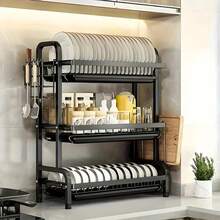 Three-Tier, Large-Capacity Drain Rack, Dish Rack Kitchen Essentials, Sturdy And Durable, Suitable For Kitchen Decor, Organizer Storage, And Kitchen Storage. It Can Hold Dishes, Cutlery, Spoons, Chopsticks, Cups, Coffee Cups, And Other Tableware - 黑色 - 查看 3