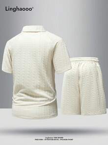 Conjunto de 2 piezas de camiseta polo de manga corta con media cremallera y cuello, y pantalones cortos con cordón en la cintura, de unicolor, diseño versátil con bolsillos laterales, suave y transpirable, para hombre en verano - Albaricoque - Ver 3