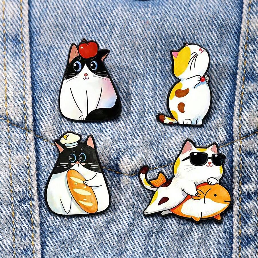 4件套可爱猫咪珐琅胸针时尚装饰胸针饰品翻领包包徽章珠宝礼品 - 彩色 - 查看 1