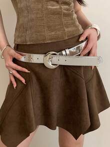 女士银色月亮扣皮带一条，百搭牛仔裤配饰，纯色皮革腰带 - A - 查看 7