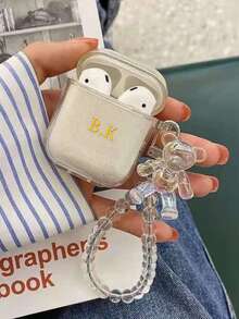 Customized (2-Piece Set, Including Teddy Bear Crystal Pendant) Transparent Glitter Earphone Case Compatible With AirPods 1/2 3 New 4 Pro 3, Personalized Letter Name, Back To School, Valentine's Day Gift, Good Birthday Gift, Holiday Gift, Gift For Men And Women, Personalized Gift - Clear - View 2