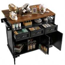 Modern Kitchen Island (118 * 43 * 98 Cm) With Dining Unit And Wood-Effect Serving Cart On Casters, Offering Multifunctional Storage Space, Removable Dividers And A Towel Rack, White. - Black - View 1