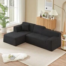 YOGLAD Modern Minimalist L-Shaped Corduroy Sectional Sofa, Cream Wide Striped Upholstered Couch, Plush Deep Seat Sofa With High Back Support, Contemporary Corner Sofa For Living Room Apartment Home - màu đen - Xem 8