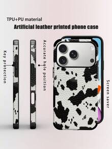 Cow Pattern 1pc Creative Black & White Milk Pattern Phone Case, Fashionable Minimalist Cute Elements, Ultra-Soft Leather Texture, Compatible With IPhone/ Galaxy S24 Ultra, 17 Pro Max/16 Pro Max/12 Pro/13/14 Plus/15 Pro Max/16 Pro Max/11/13 Pro - Black and White - View 1