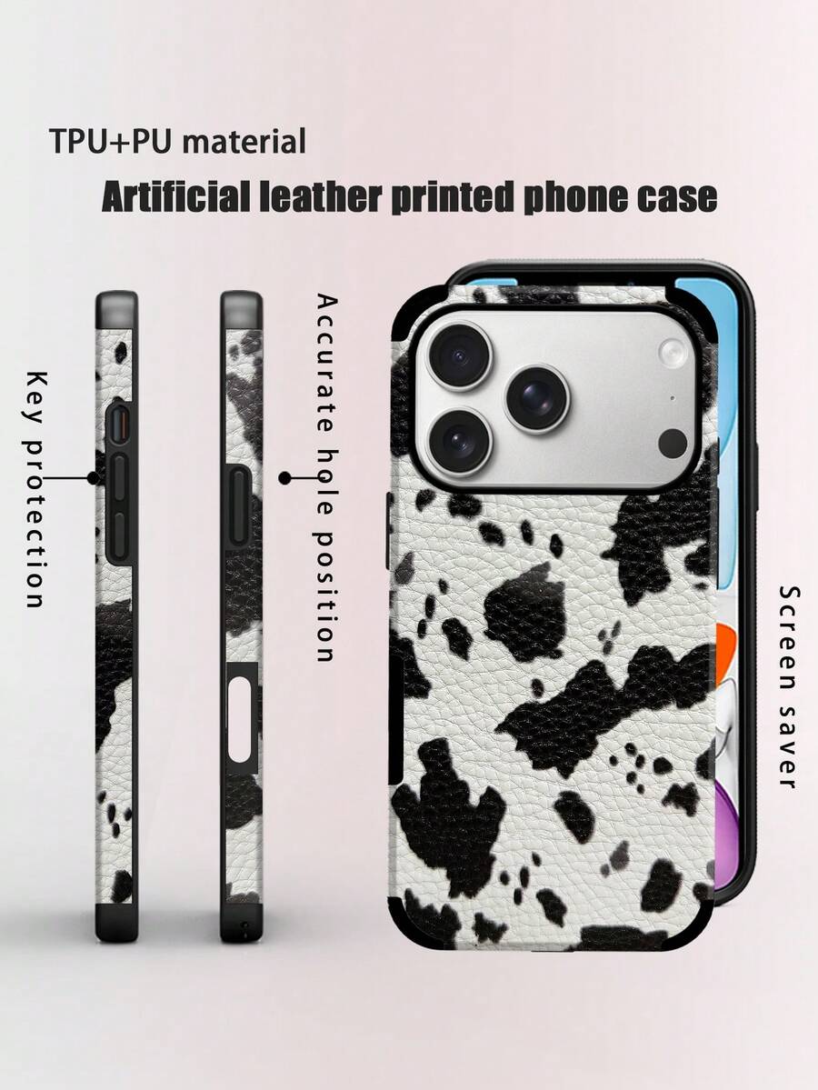 Cow Pattern 1pc Creative Black & White Milk Pattern Phone Case, Fashionable Minimalist Cute Elements, Ultra-Soft Leather Texture, Compatible With IPhone/ Galaxy S24 Ultra, 17 Pro Max/16 Pro Max/12 Pro/13/14 Plus/15 Pro Max/16 Pro Max/11/13 Pro - Black and White - View 1