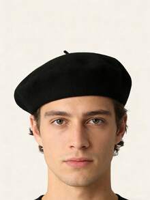 1pc Minimalist Versatile Beret Hat For Men, Autumn/Winter, Retro Artist Style - Black - View 3