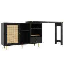 360° Swivel Bar Table (Main Body Dimensions: 107 X 40 X 71.4 Cm), Black Extendable Designer Bar Table, Storage Unit With Rattan Door And Open Shelf, Ideal For Kitchen And Dining Room. - 黑色 - 查看 10