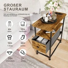Table de chevet avec fonction de chargement 60 x 30 x 62 cm, table d'appoint avec tiroir, table basse 3 niveaux avec étagère ouverte, gain de place et facile à monter, commode pour chambre ou salon, blanc/noir/marron - Tabac - Voir 6