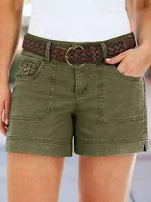Women's Fashionable Casual Elastic Denim Shorts Summer - Olive Green - View 7