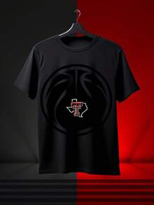 100% Cotton Men's Shirts Texas Tech Red Basketball Logo T-Shirt Black Sportswear Fan Apparel College Team Design - 黑色 - 查看 1