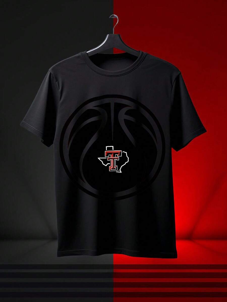 100% Cotton Men's Shirts Texas Tech Red Basketball Logo T-Shirt Black Sportswear Fan Apparel College Team Design - 黑色 - 查看 1