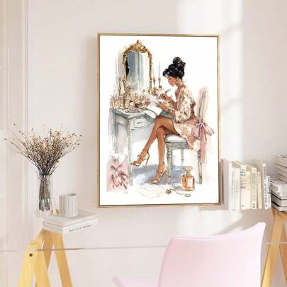 1pc Framed/Unframed Fashion Pink Makeup Woman Vanity Canvas Poster Gily Room Beauty Salon Glam Decor Wall Art Print Funky Painting For Apartment,Living Room,Bedroom,Modern Home Decoration