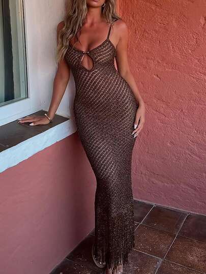 Women's New Solid Color Hollow Out Slit Beach Vacation Dress