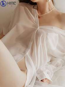 Sexy Solid Color See-Through Shirt, Free Sexy Pajamas, Loose Long-Sleeved Temptation, Retro Style, Geometric Pattern, Lace Detail, Adult , Adult Underwear | Retro Style Shirt | Lace Detail Shirt, Sexy Pajamas - 白色 - 查看 5